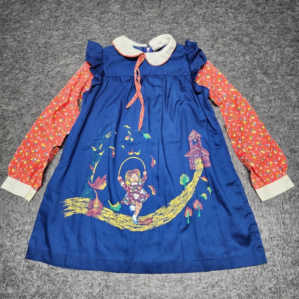 JCPenney‎ VTG Girls Prairie Peasant Collared Floral Long Sleeve Graphic Dress 6X